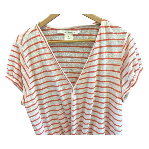 Max Studio Womens White Orange Striped Nautical Tie Front Blouse XL V Neck Linen - Picture 2 of 5